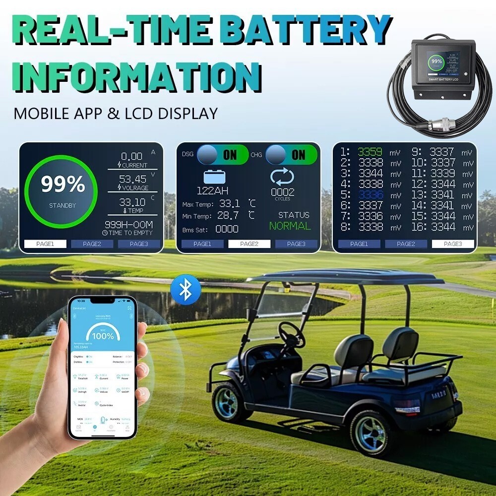 48V 105Ah Lithium Golf Cart Battery 200A BMS 6000+Cycles APP Charger Monitor Set