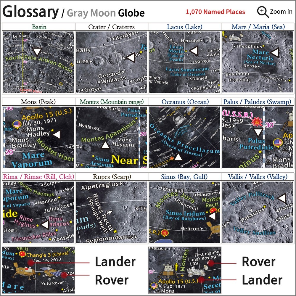 Mapsoft Explorer Illuminated Gray Moon Globe, 24cm/9.5", MI-24, Lamp, Light, Map