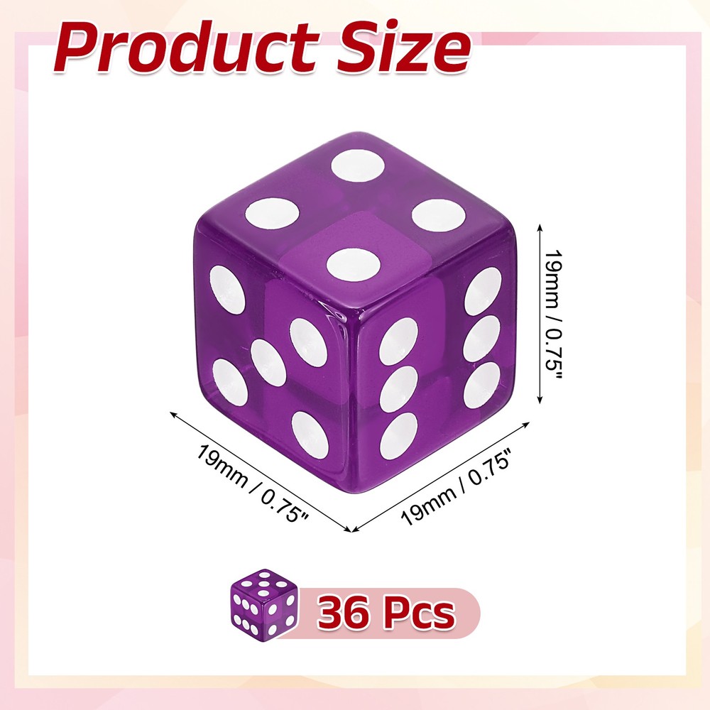 36Pcs 19mm/0.75" Acrylic Translucent Rounded Edge D6 Dice, Purple