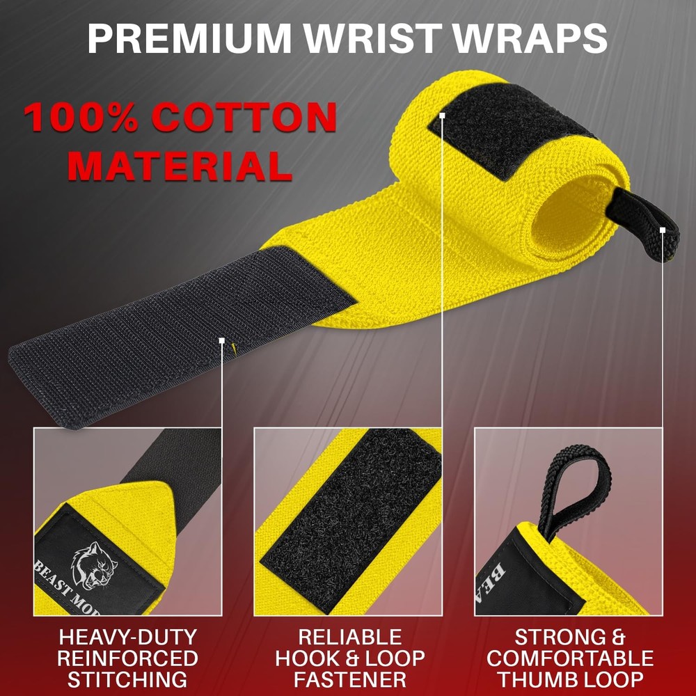 Weightlifting Wrist Wraps with Thumb Loop – Yellow – Beast Mode – 18 inch – H...