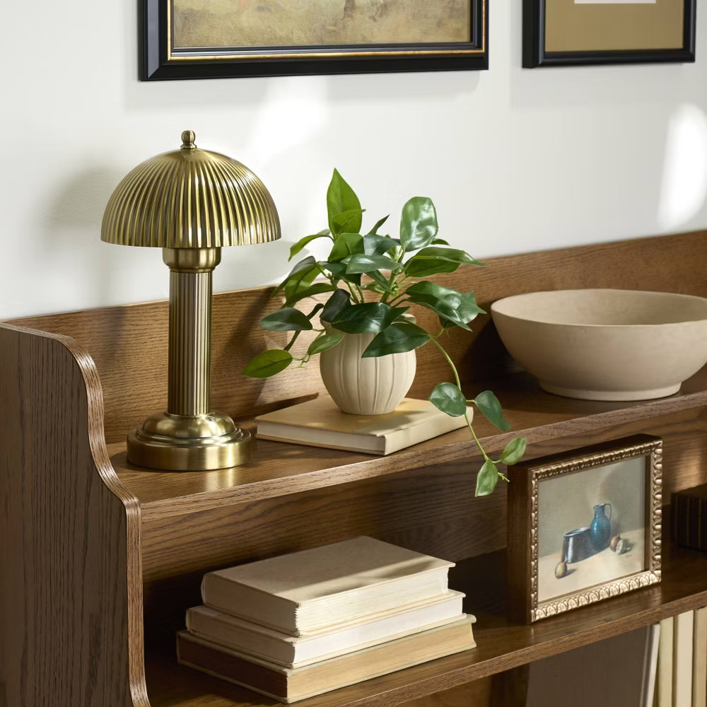 11.5" Fluted Metal Rechargeable Library Table Lamp Brass (Includes LED