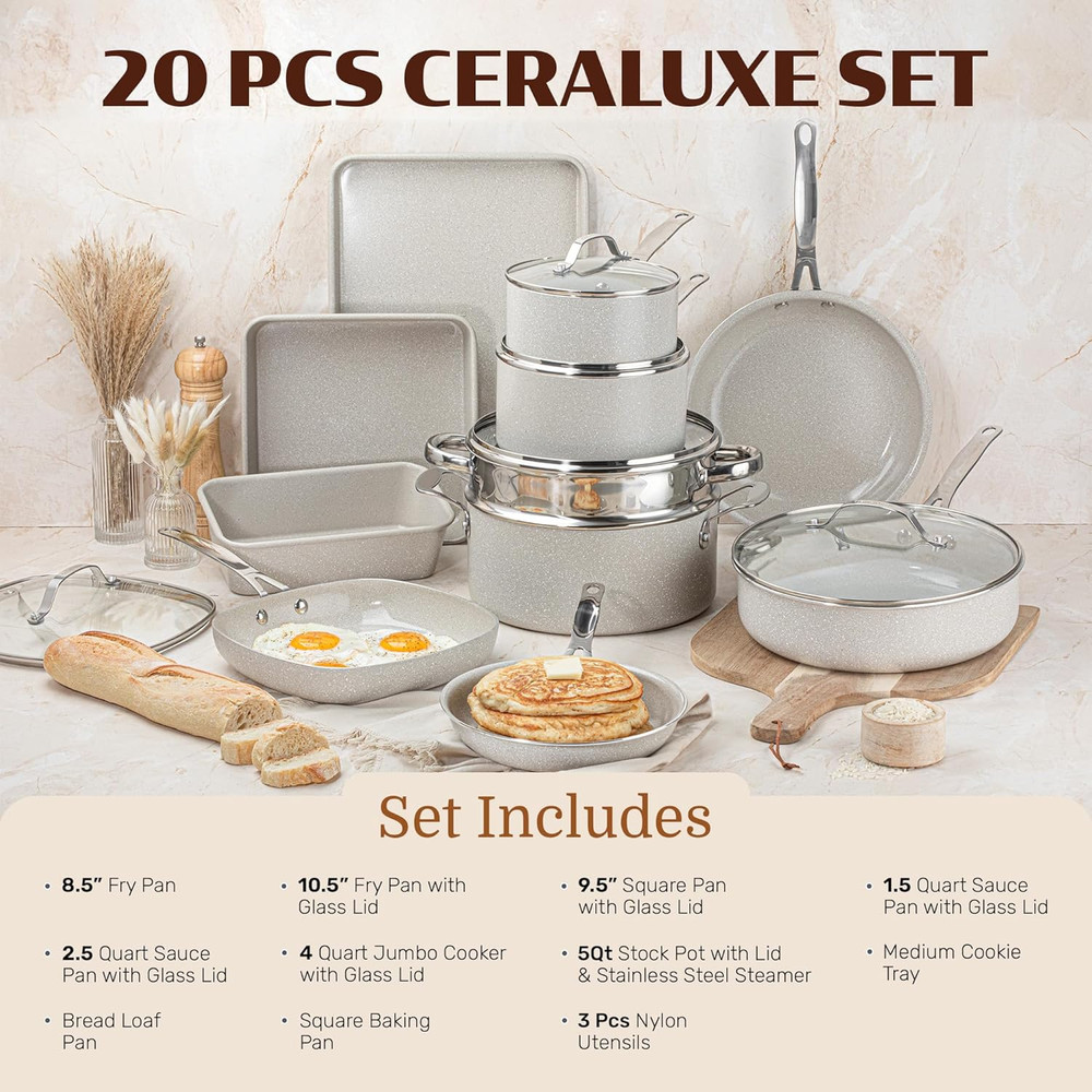 Ceraluxe 20-Pc Nonstick Ceramic Cookware & Bakeware Set