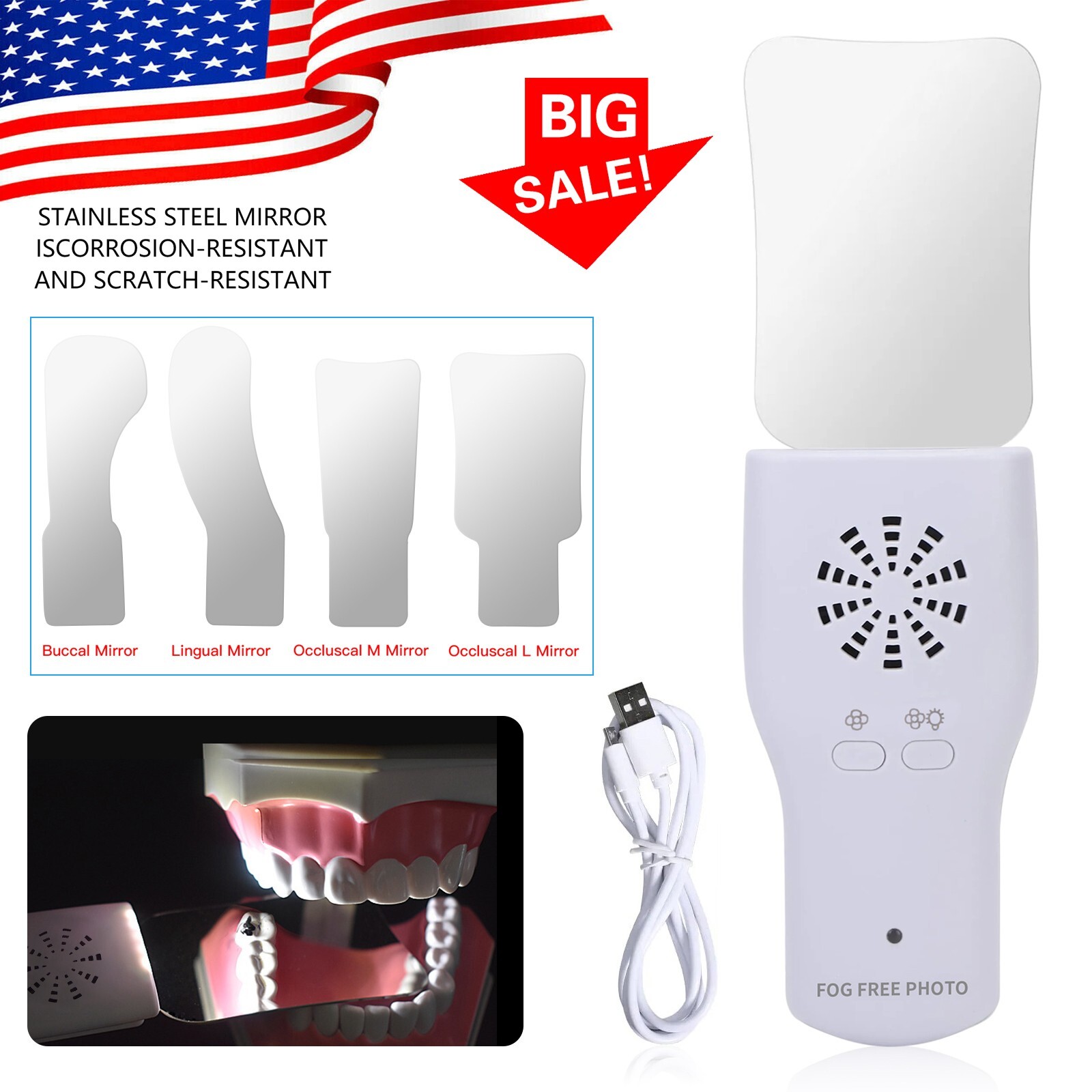 Dental Occlusal Mirror Fog Free LED Light Intra Oral Photo 4 Mirror Obervation