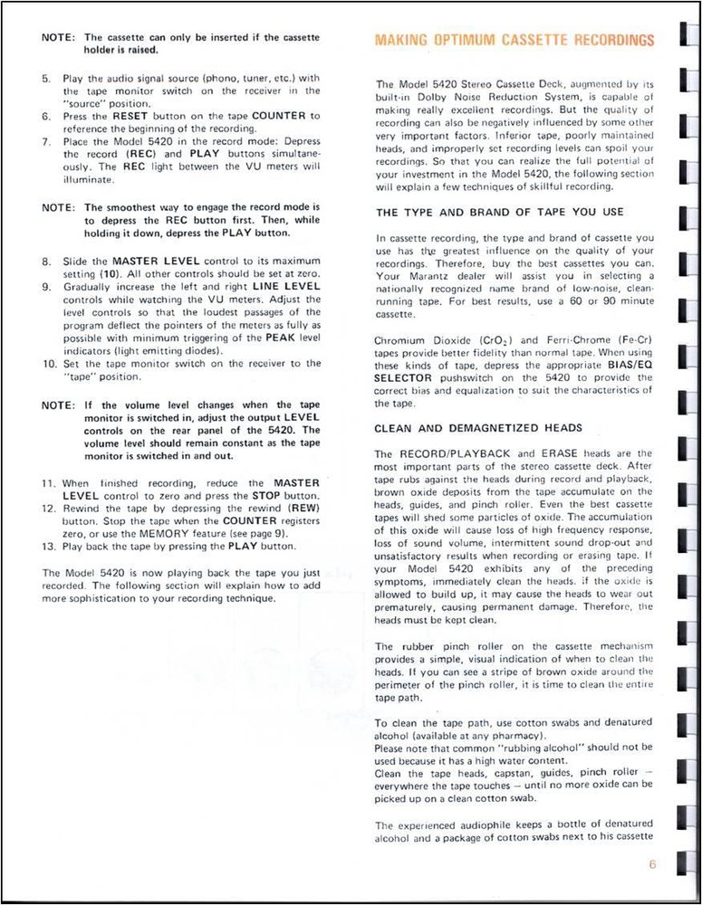 Marantz Model 5420 Cassette Tape Deck Owners Manual
