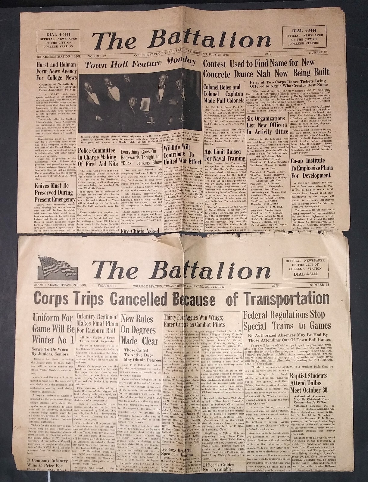 1942 newspaper THE BATTALION College Station TEXAS A&M w/Jackson Jubilee Singers