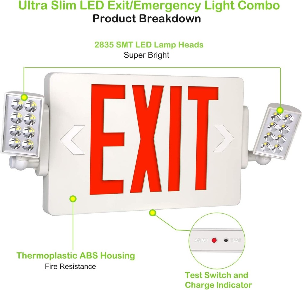 2 Pack LED Exit Sign Emergency Combo Light with Adjustable Two Head Battery UL