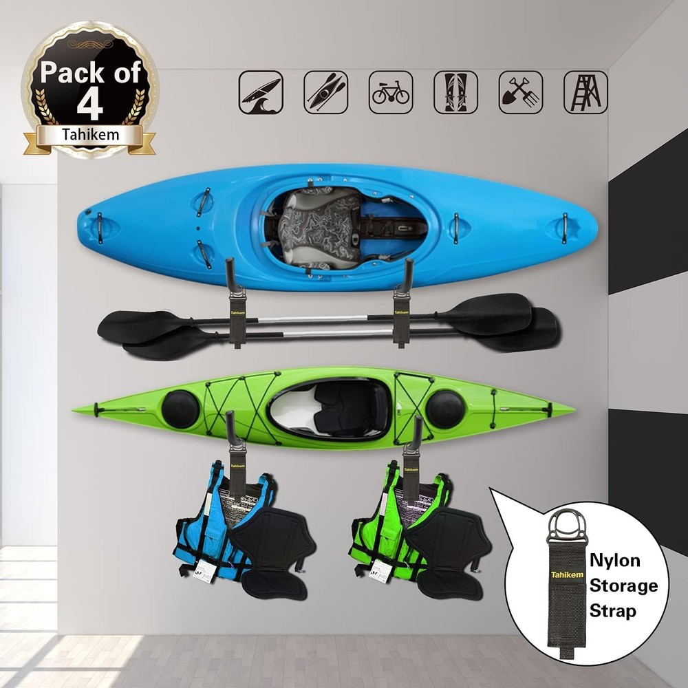 Easy Install Kayak & Bicycle Wall Hooks - Max Load 50lbs, Black Storage Solution