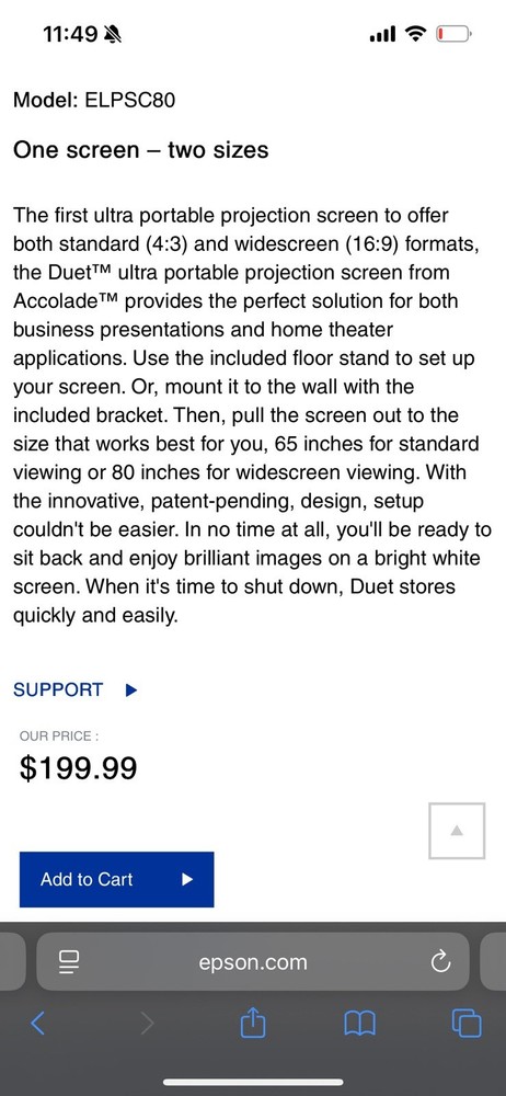 Epson Accolade Duet Portable Projector Screen 80"