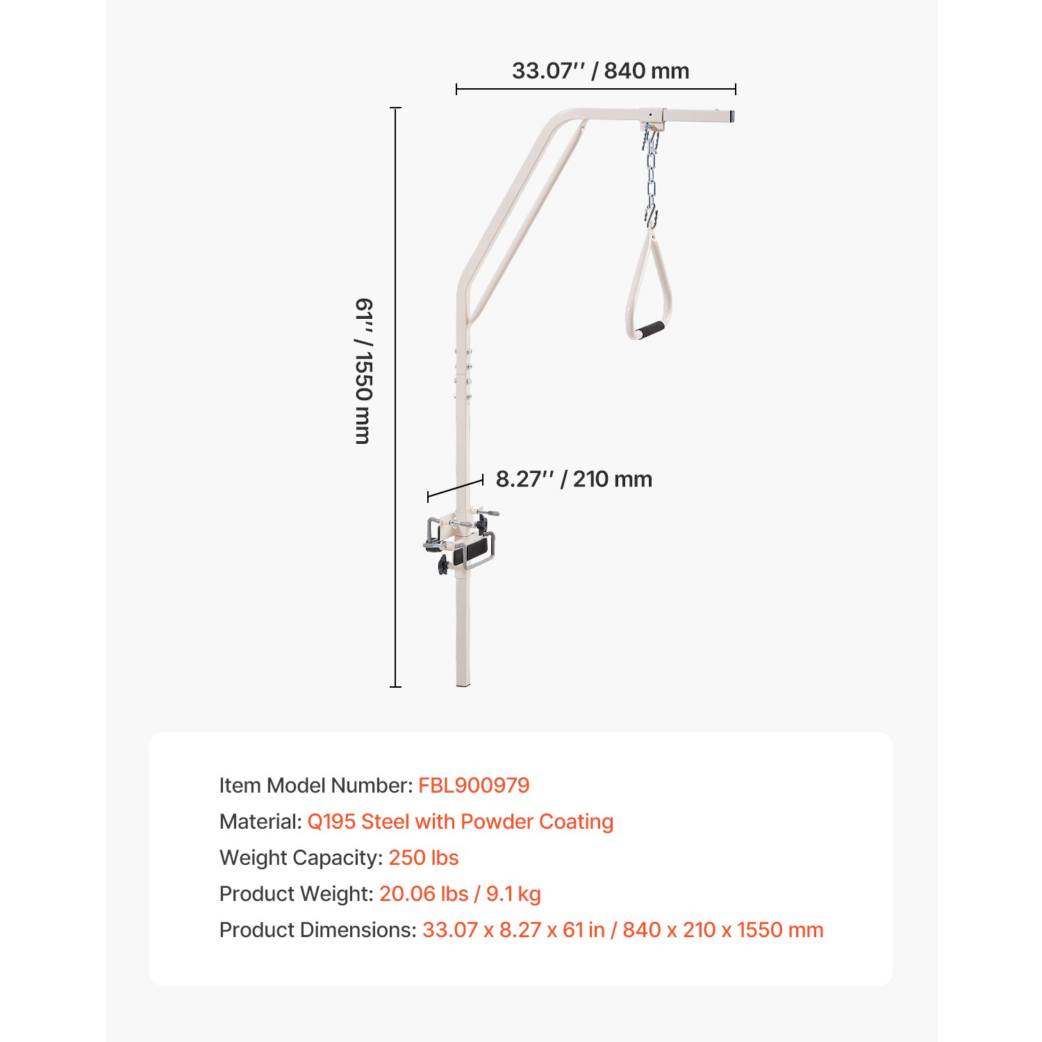 Trapeze Bar for Bed Mobility 250LBS Bed Trapeze with Clamps & Metal Chain