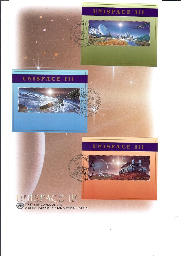 1999 UNISPACE III Souvenir Sheets Large FDC - All Three Offices - UNPA Cachet