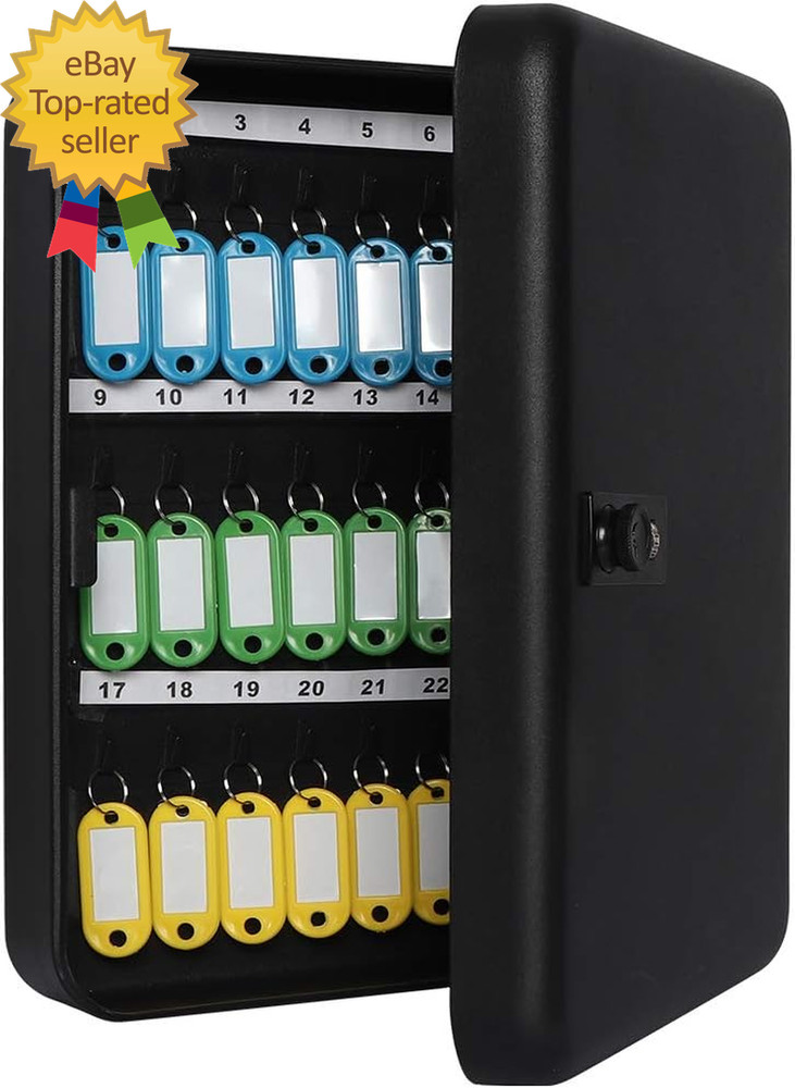 Wall Mount Key Storage Box with Code, Locking Key Cabinet Security, 48 Key Hooks