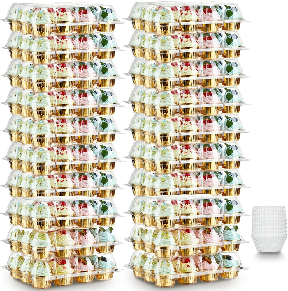 (12 Pack X 20 Sets) Stackable Cupcake Carrier with 240 Pack Liners, Plastic C...