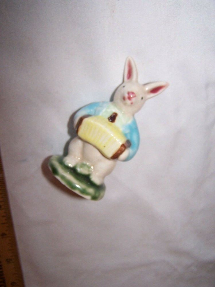 Vintage Ceramic Easter BUNNY Rabbit Playing ACCORDIAN 3" Tall