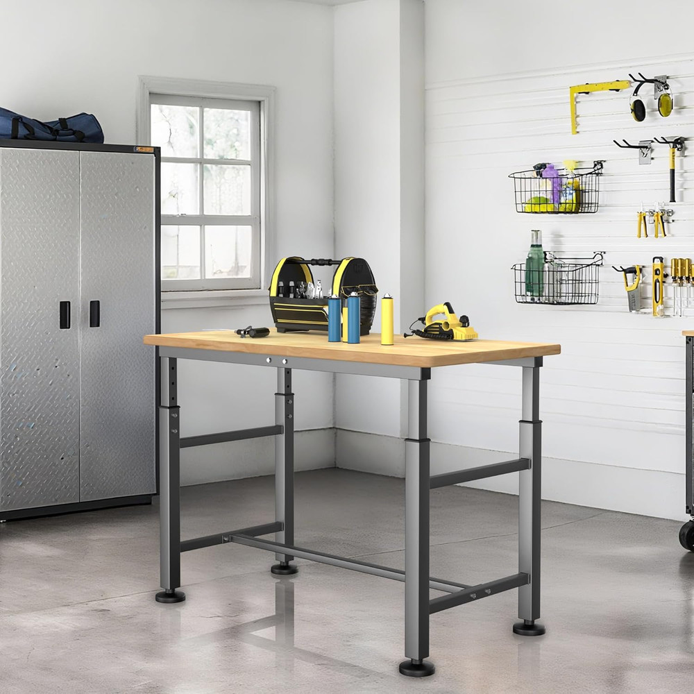 Workbench for Garage, 47.5" Adjustable Height Work Table, Heavy Duty Rubber Wood
