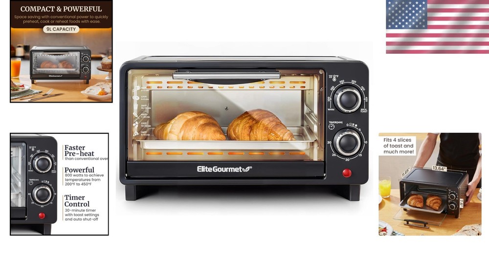 Stylish Matte Black Toaster Oven: 4 Slice, Easy Timer & Temperature Control
