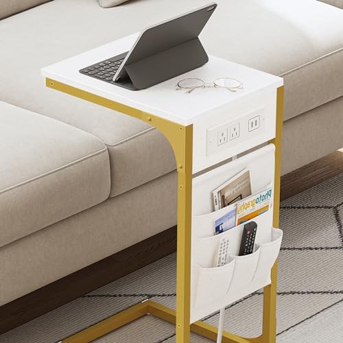 C Shaped End Table with Charging Station, Side Table for 1 White and Gold