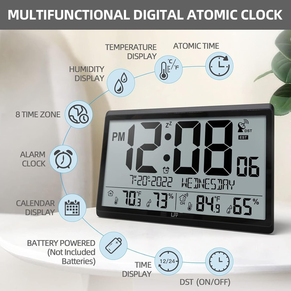 Atomic Wall Clock, 15" Large Display, Temp/Humidity, Wireless Sensor, Easy Read