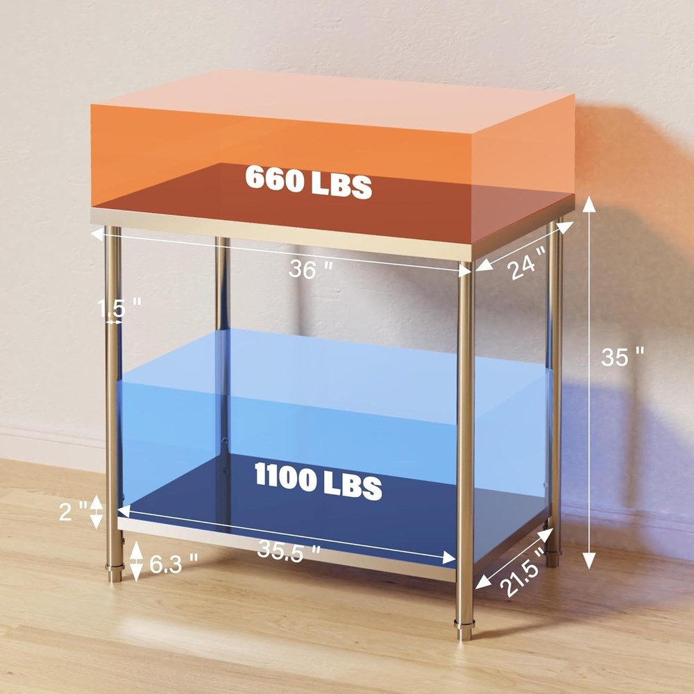 Stainless Steel Work Table, NSF Heavy Duty Prep Table with Adjustable Undershelf