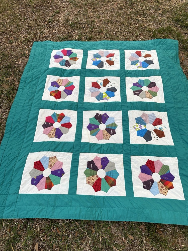 Vintage Handmade Quilt 80x88 Teal Blue Patchwork