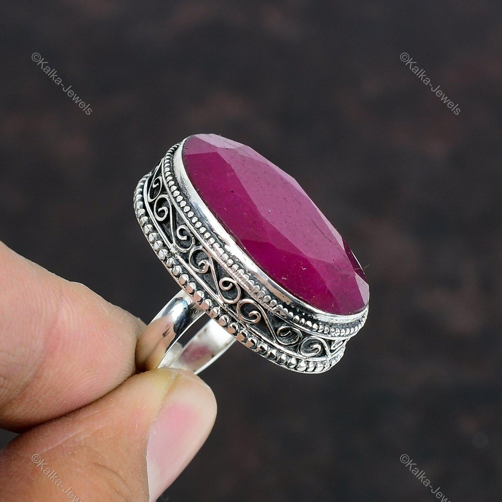 Kashmir Rubi Gemstone Stackable Vintage Red Adjustable Ring 925 Sterling Silver