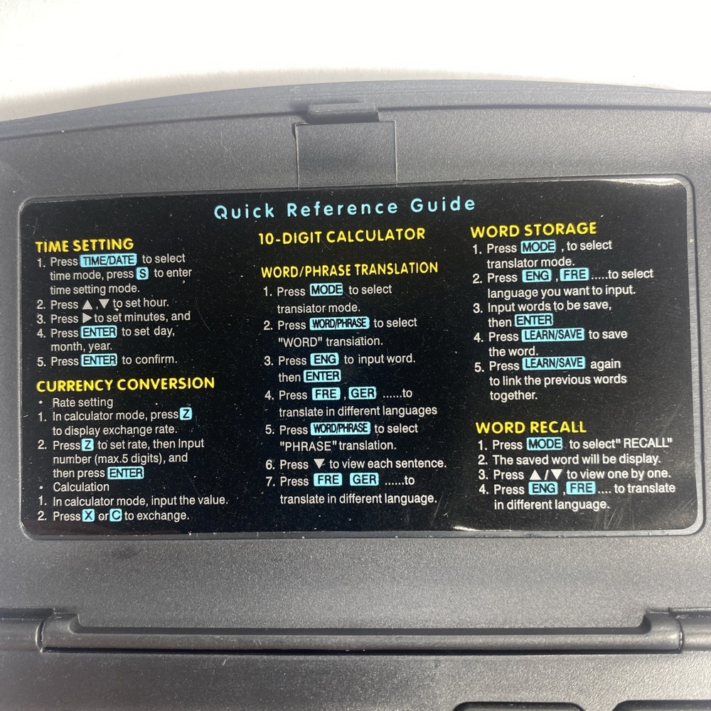 Bell &Howell Electronic Multilingual Translator Calculator QuickReference Guide