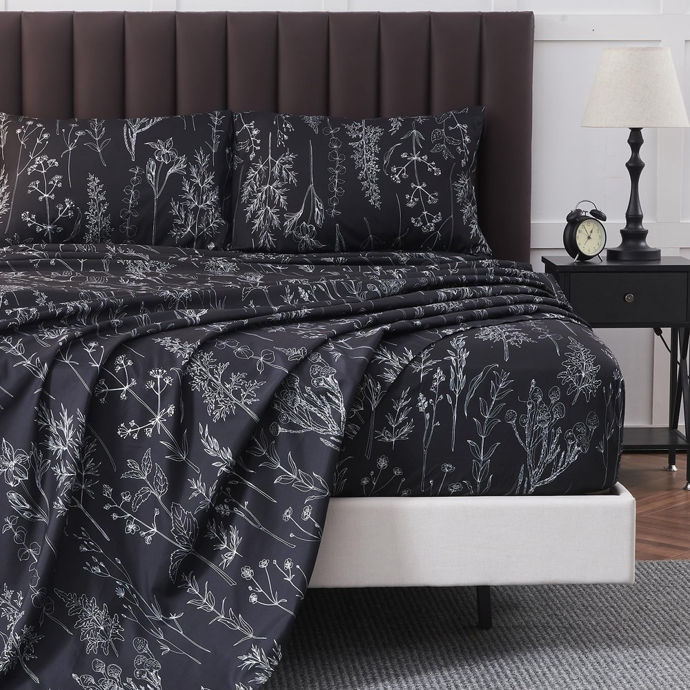 HYPREST Black Sheets Queen,Deep Pocket Sheets, 1800 Thread Count Pattrn Bed S...