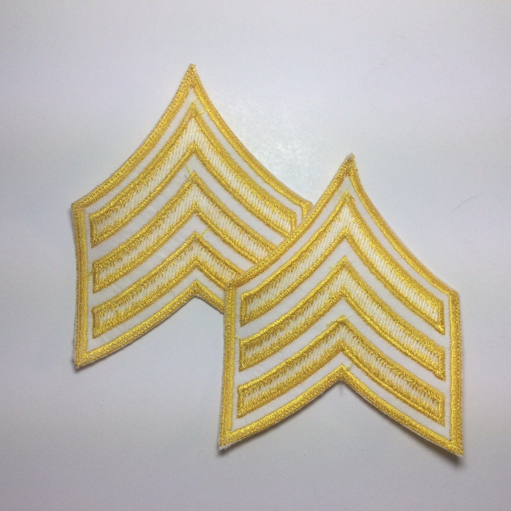 (2) Sergeant Chevron - 3 YELLOW Stripes on WHITE Patch (Yellow Border)