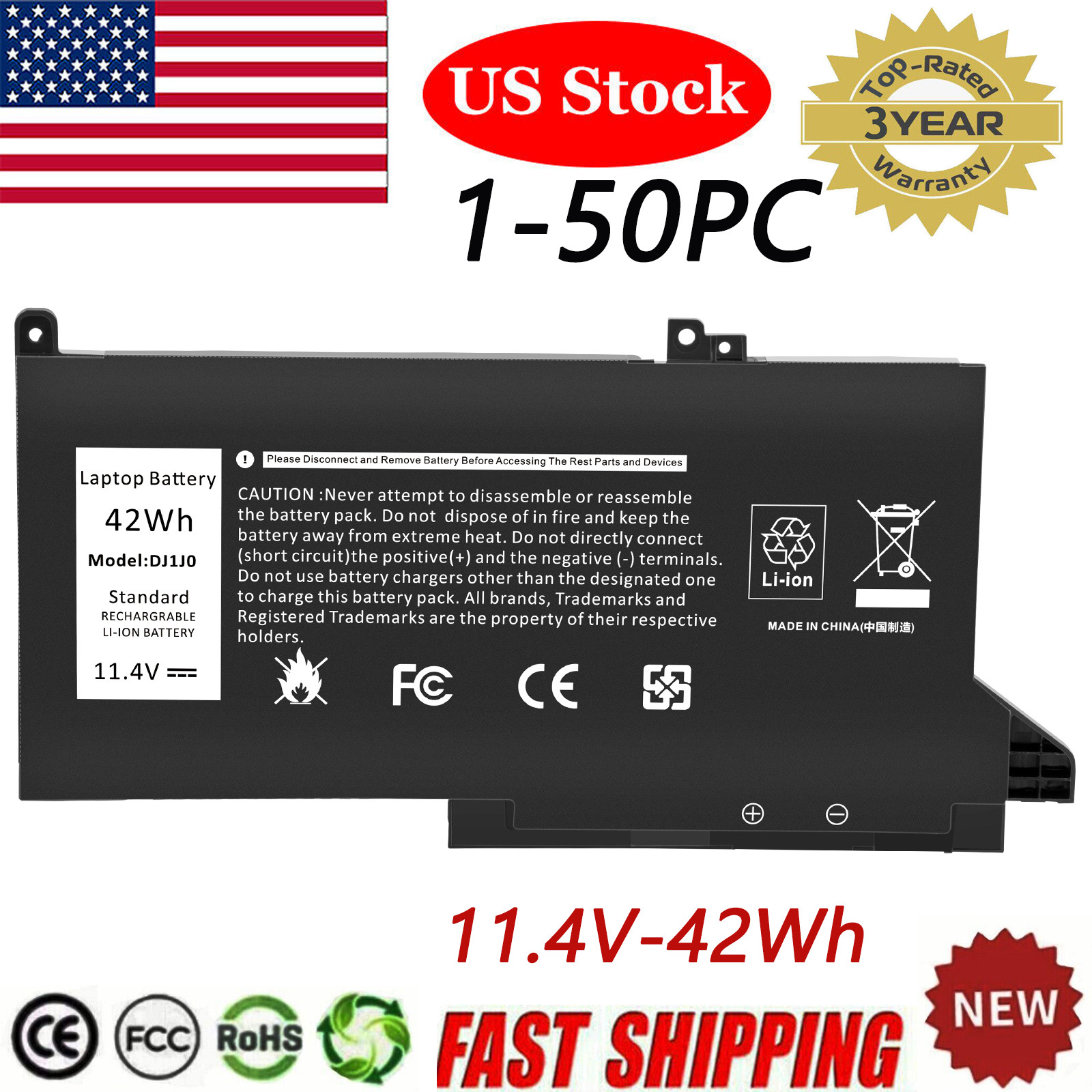 Lot 1-50X DJ1J0 Battery For Dell Latitude 12 7000 7280 7480 451-BBZL PGFX4 42Wh