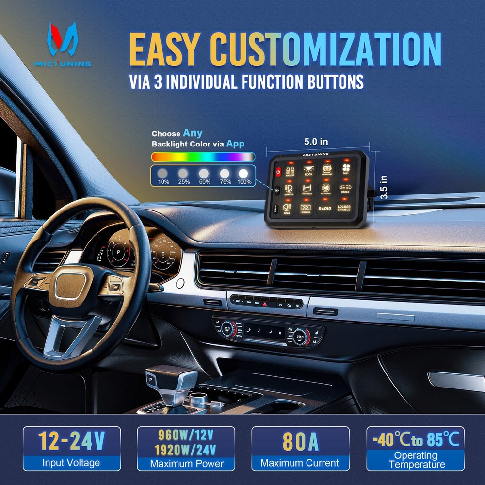 MICTUNING P1s RGB 12 Gang Switch Panel Wireless App Control Circuit Relay System