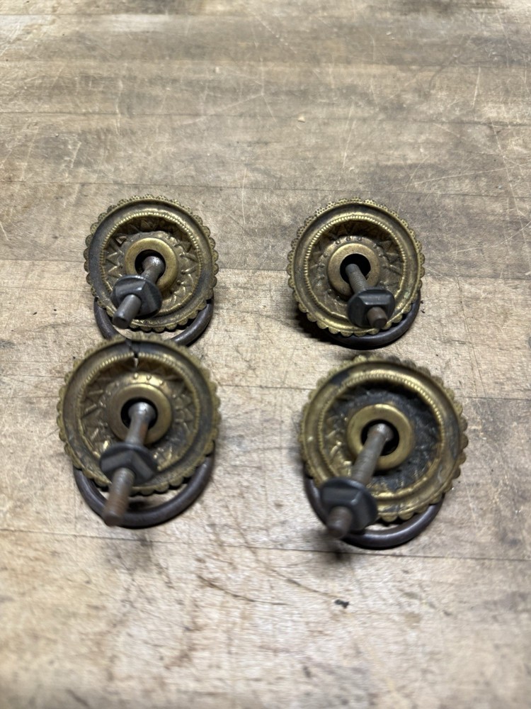 4 Victorian Drawer Pulls Hardware, Square Nut- Brass- Floral Design