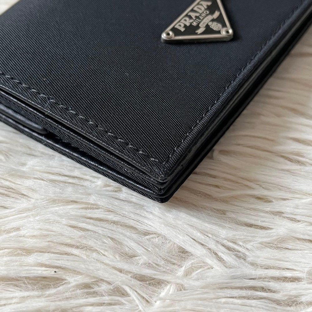 PRADA Triangle Logo Plate Compact Bi-Fold Wallet Black