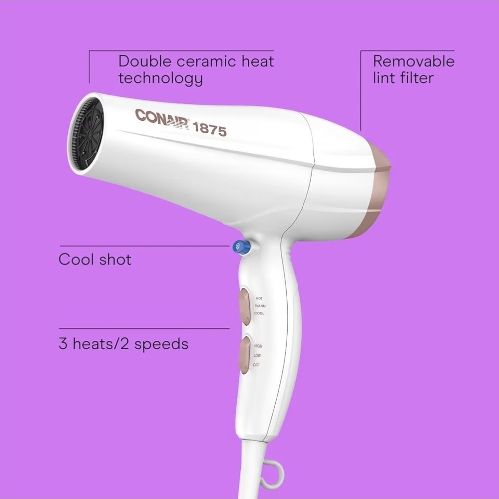 CONAIR DOUBLE CERAMIC HAIR DRYER! 1875 WATTS W/ DIFFUSER & CONCENTRATOR IONIC
