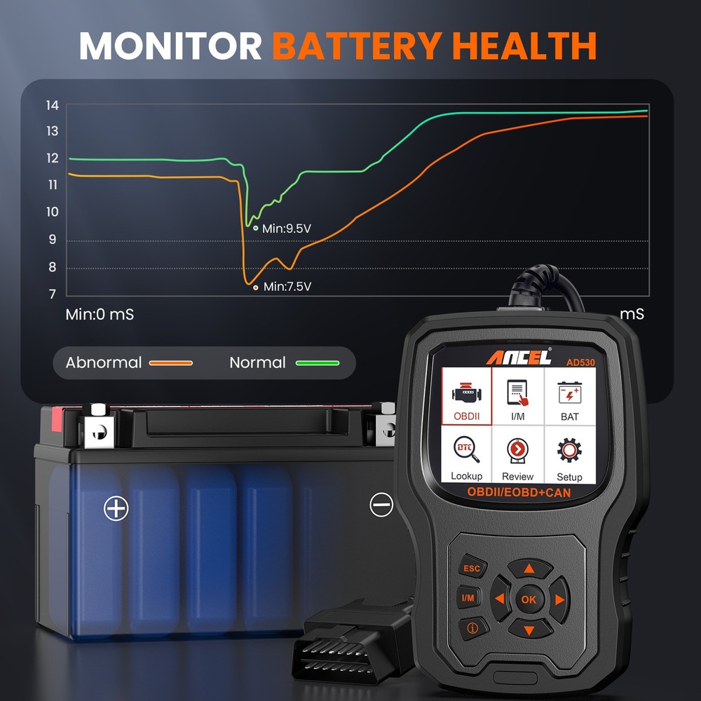ANCEL AD530 OBD2 Code Reader Scanner Battery Test & Check Engine Diagnostic Tool