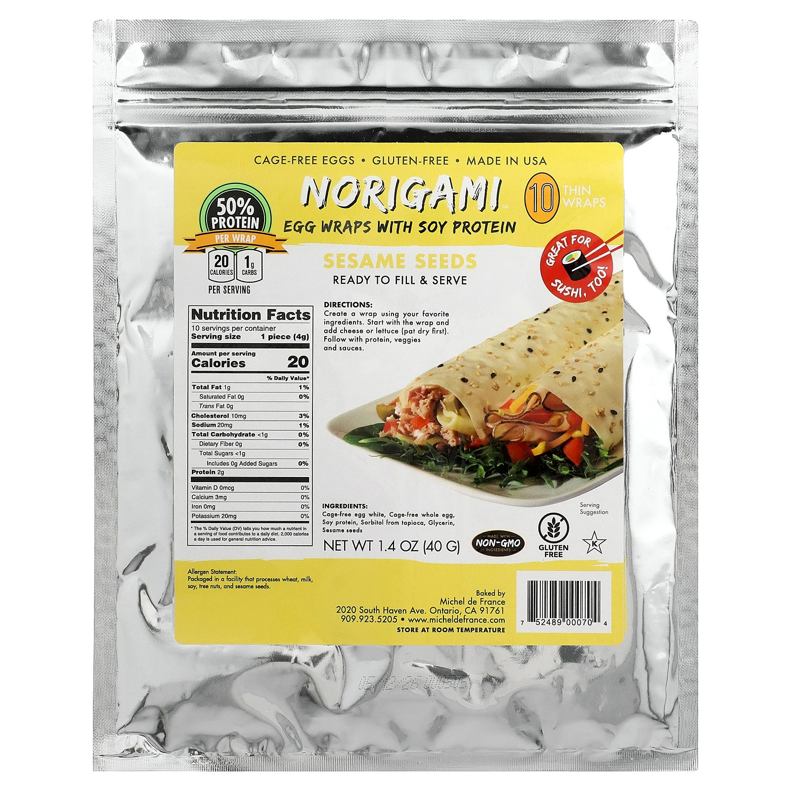 Egg Wraps with Soy Protein, Sesame Seeds, 10 Thin Wraps, 1.4 oz (40 g)