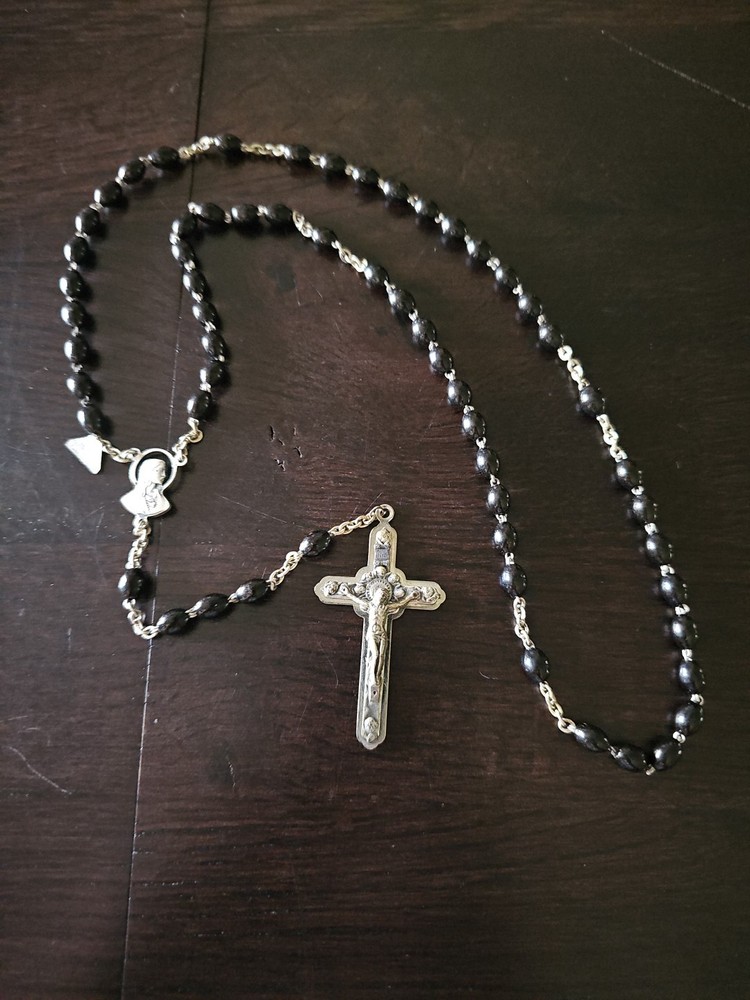 Vintage Catholic Rosary, Black Beads, Ornate Crucifix