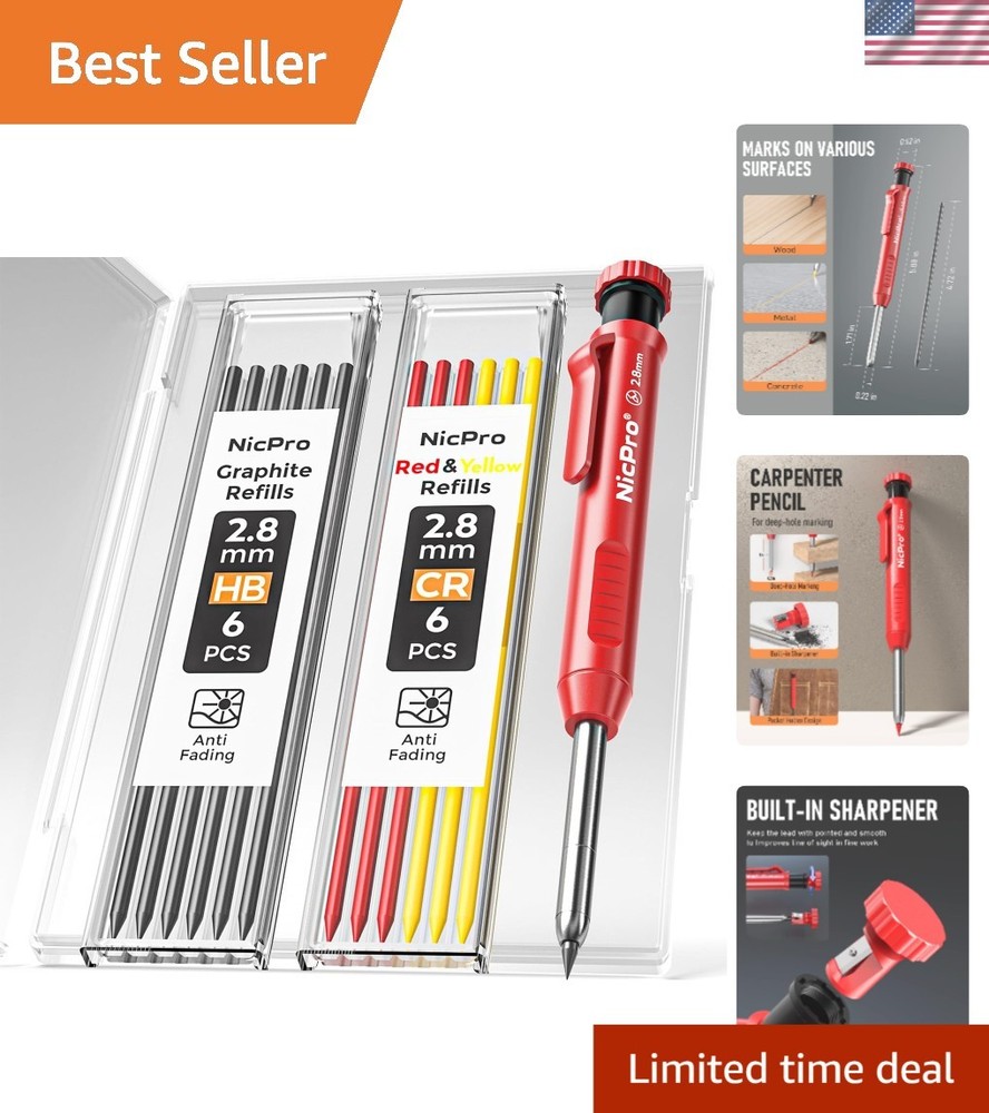 Heavy-Duty Carpenter Pencil with Built-in Sharpener & 13 Refills for Precision