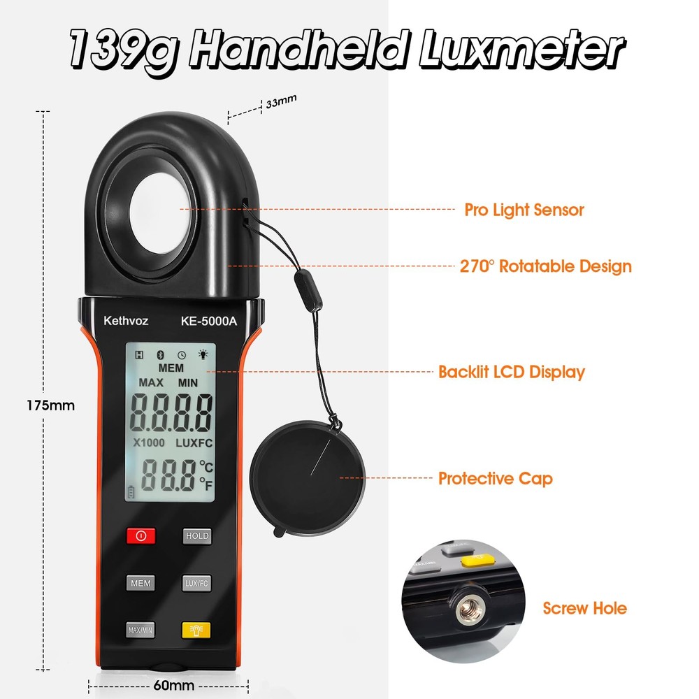 1 Pack Digital Light Meter, 400,000 Lux, 270 Rotating Sensor, Data Logging