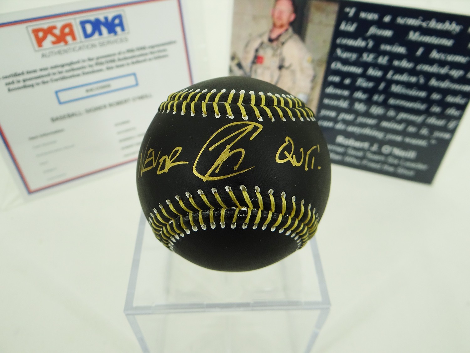 Robert O'Neill Signed Midnight Gold Baseball Inscribed “Never Quit” w/ PSA COA