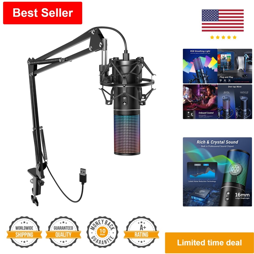 RGB Gaming Mic - USB PC Microphone with Adjustable Boom Arm - Quick Mute Button