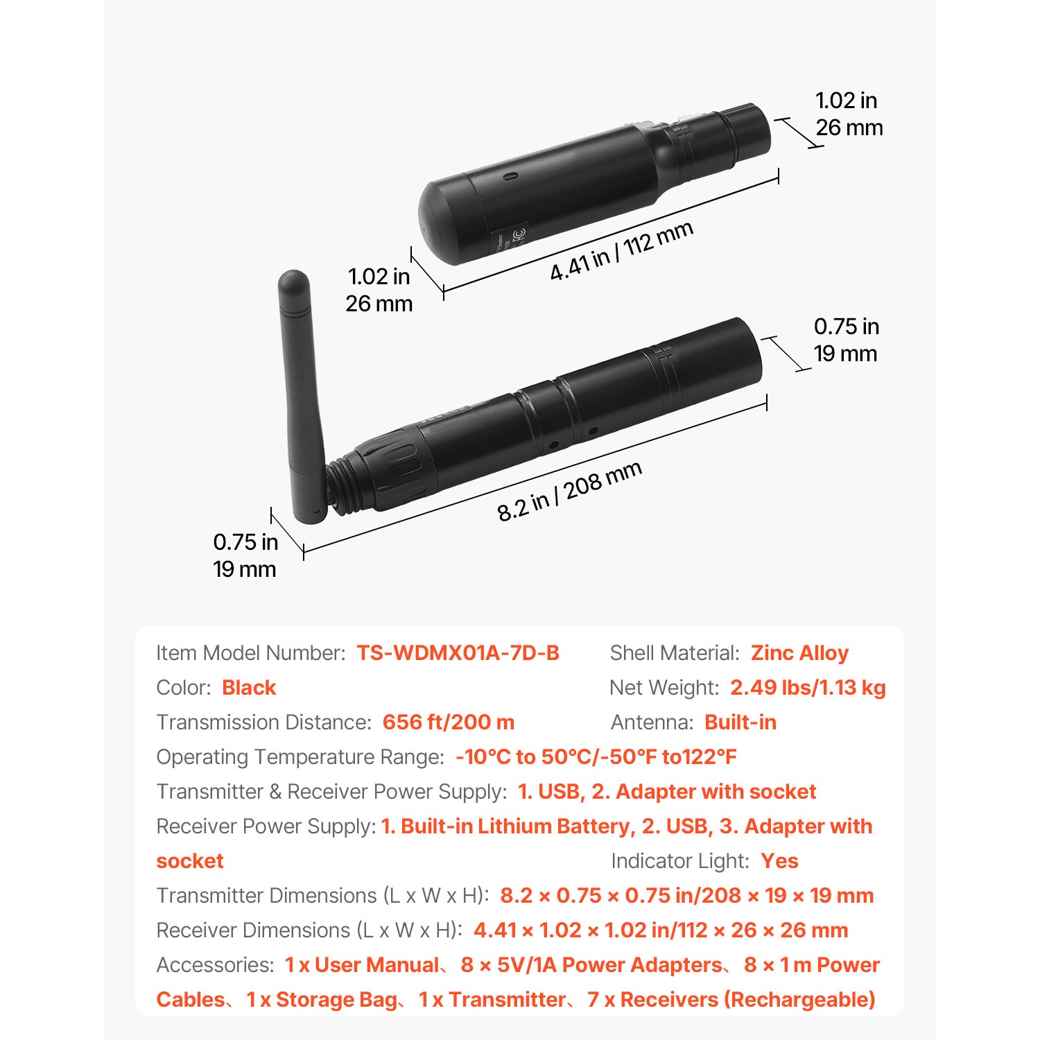DMX Wireless Receiver Transmitter Rechargeable Battery Stage Light 8 PCs Black