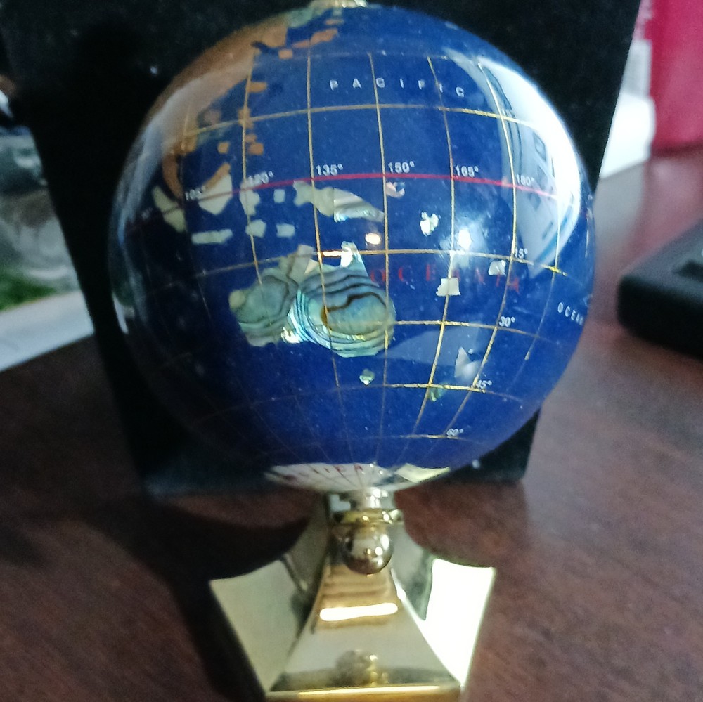 Decorative Small Gemstone Tabletop Globe Multicolor Rotating Metal Base Glossy