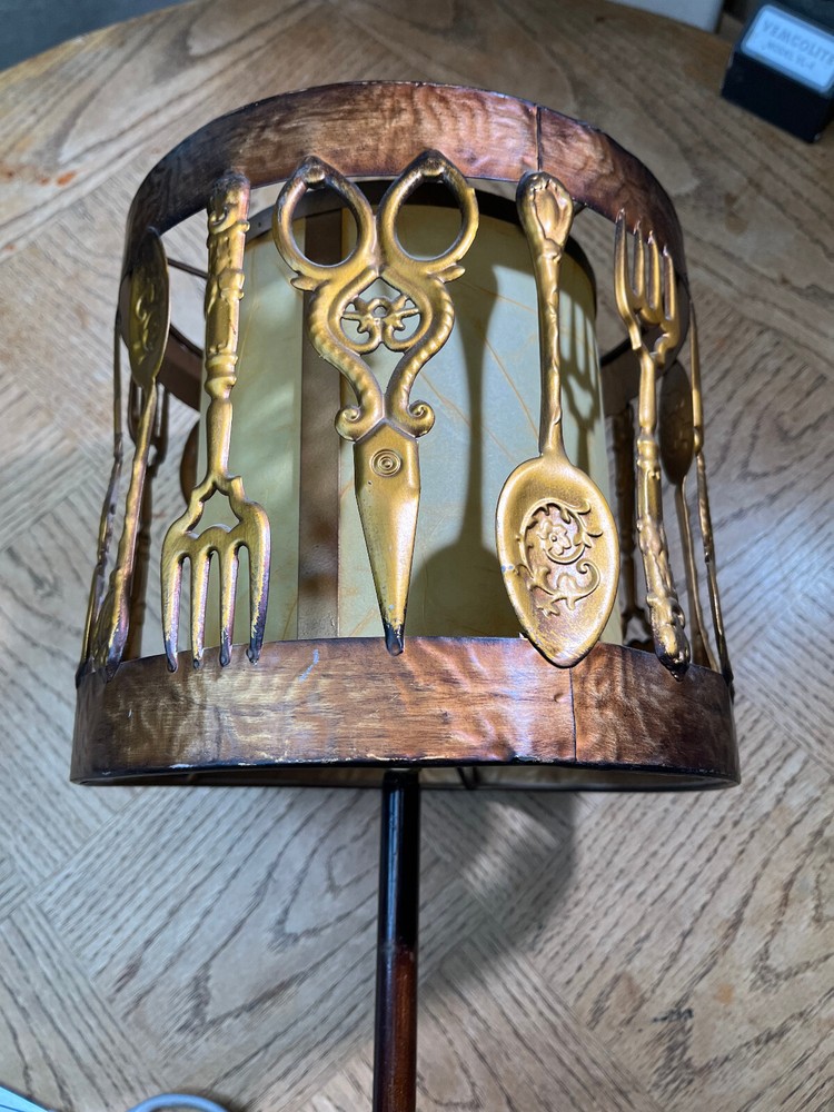 KITCHEN COPPER TABLE LAMP SPOON FORK SHEARS 24" TALL RARE UNIQUE
