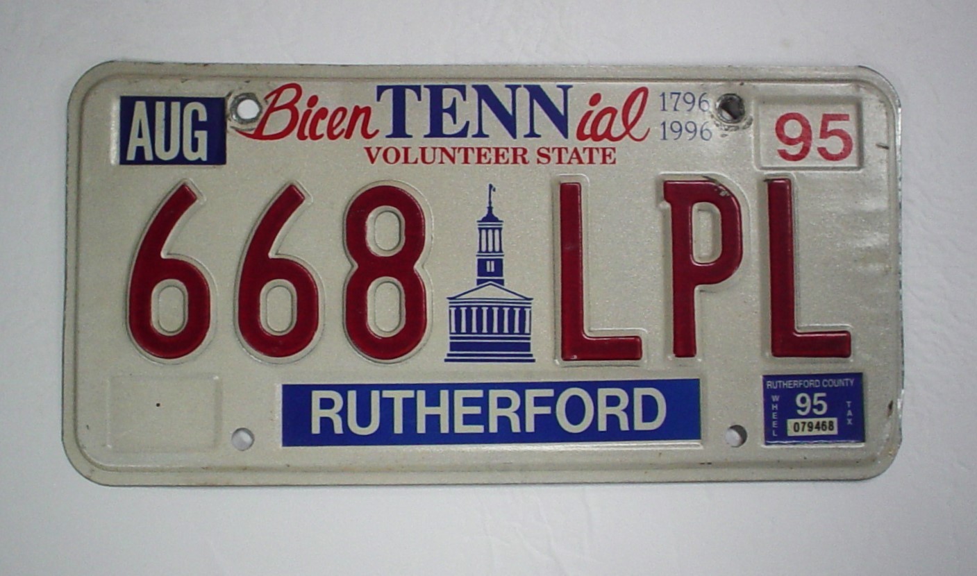 1995 Tennessee Bicentennial License Plate 668-LPL Rutherford County 1796-1996