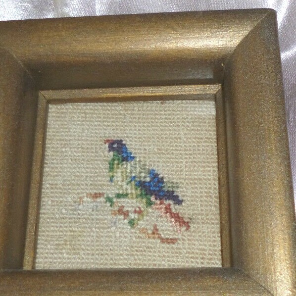 Vintage Needlepoint Small Bird Wool 4" Square Wood Frame