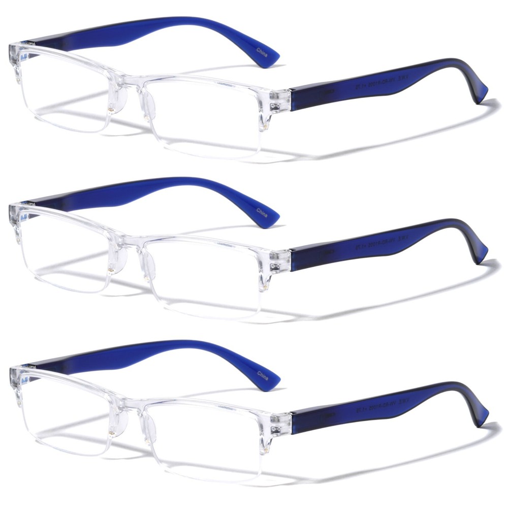 3 Pairs Rectangular Half Rim Reading Glasses - Simple Classic Clear Lens Reader