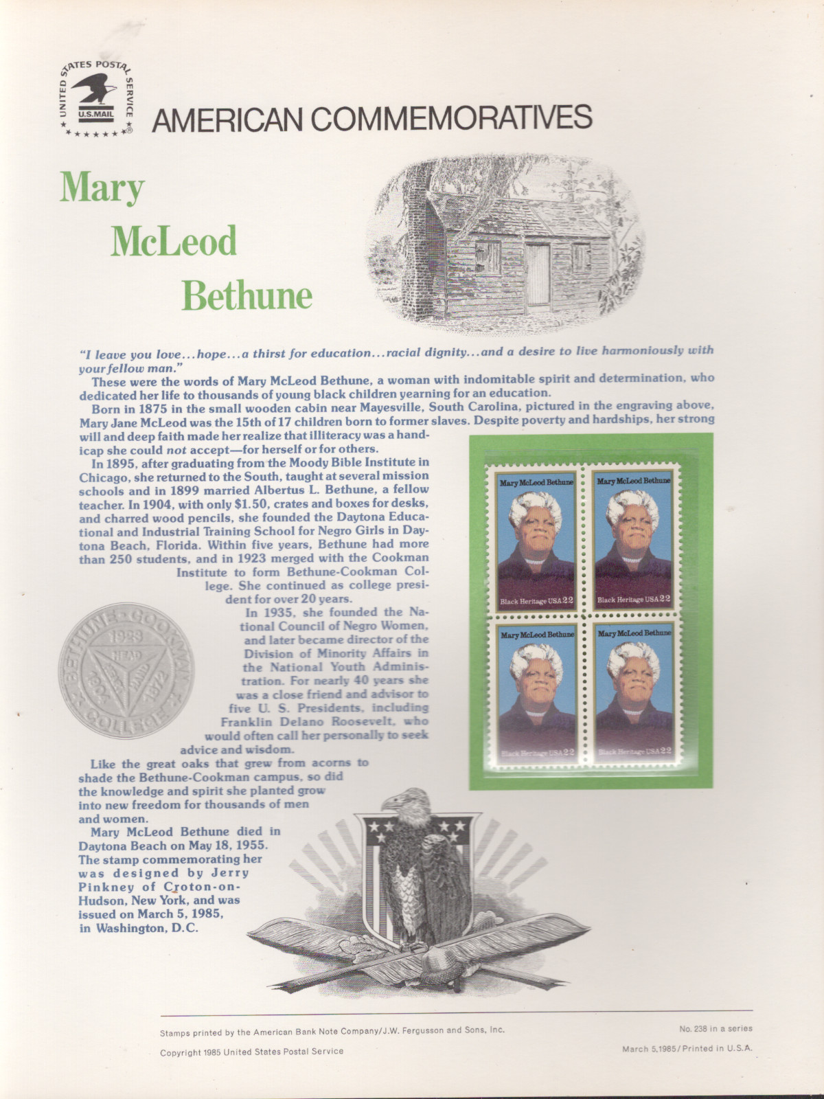 1985 Commemorative Panel Honoring Mary McLeod Bethune