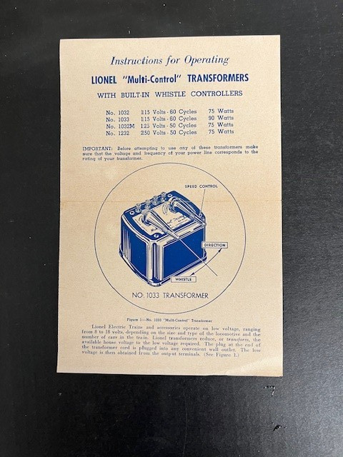 LIONEL Instructions for Operating  Multi-Control Transformers & Built-in Whistle