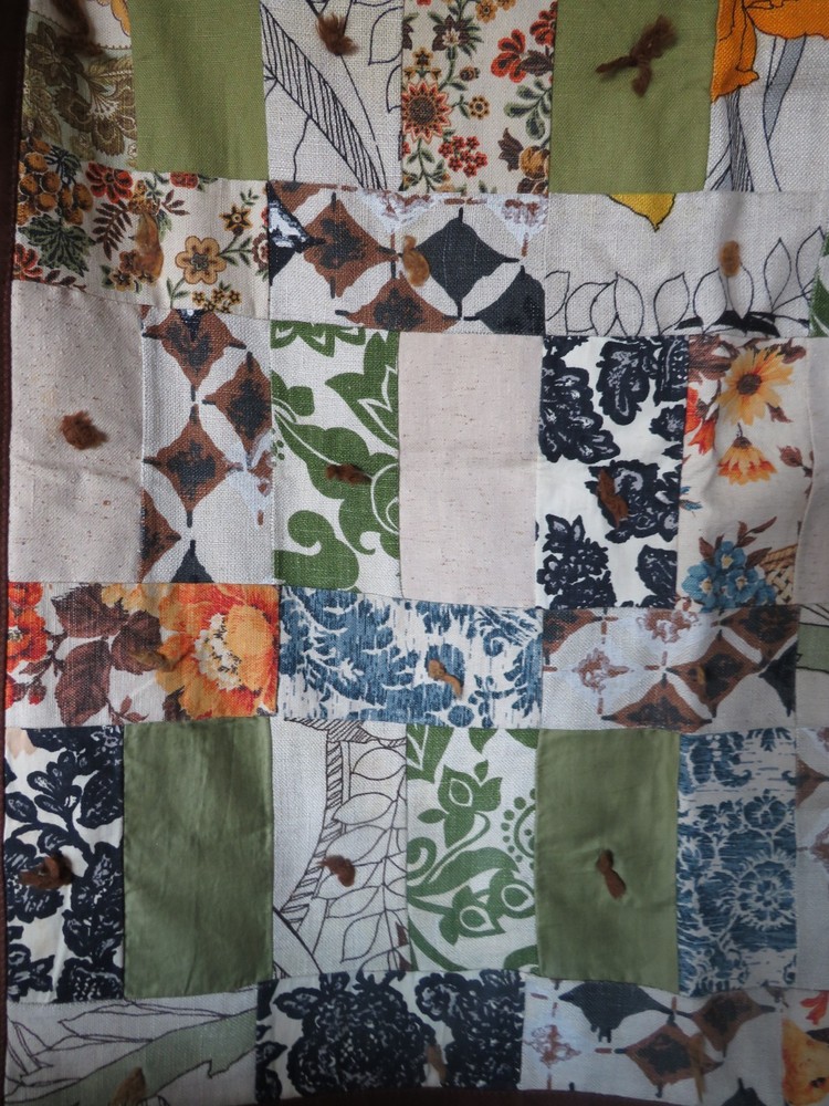 Vtg Quilted Tablecover Throw Handmade Machine Stitched Brown Multi-Print Boho