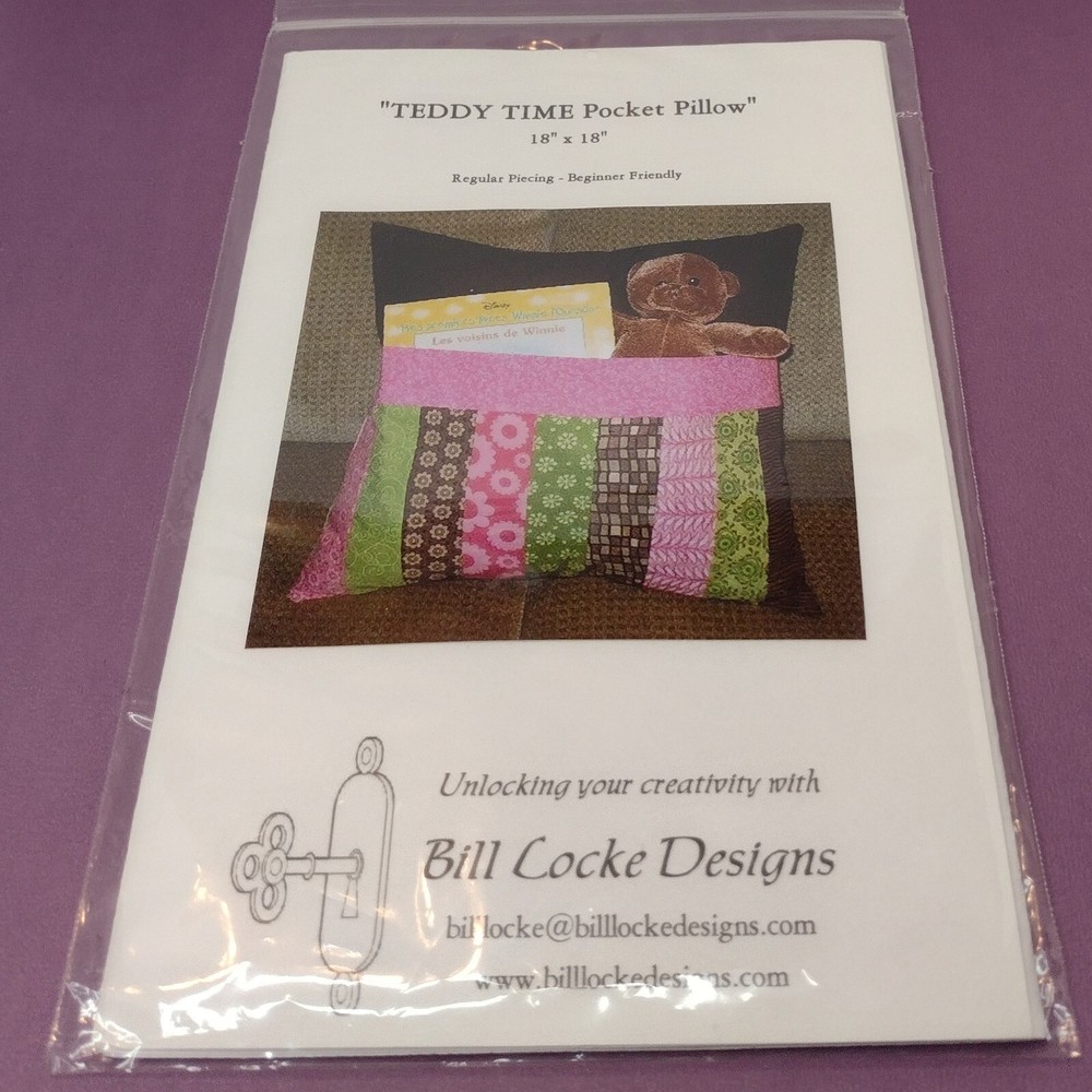 Teddy Time Pocket Pillow Pattern 18" x 18 " Beginner Friendly Uncut Paper Packet