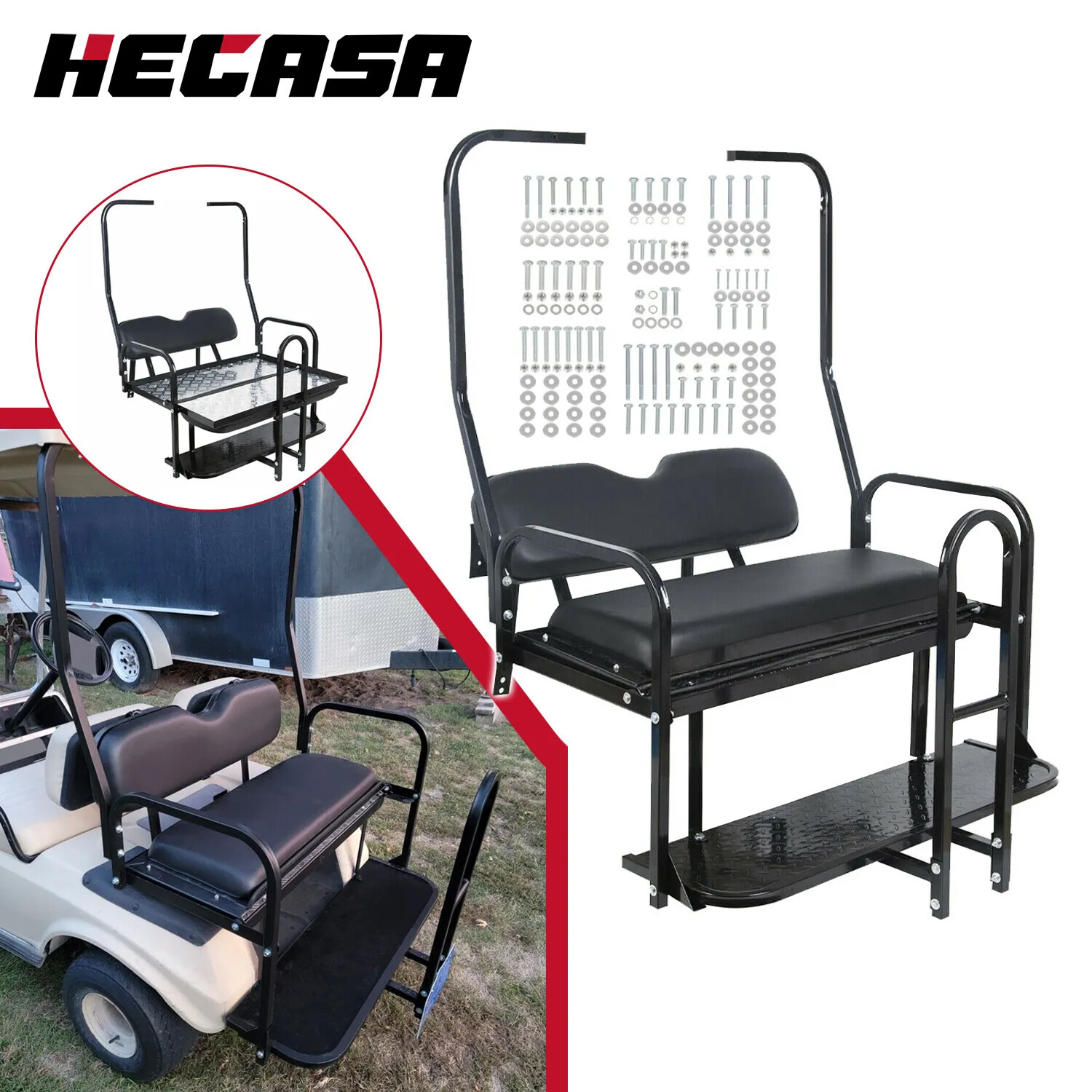 Rear Seat Kit w/ Grab Bar for Club Car DS (1982-2000.5) Golf Cart - Black